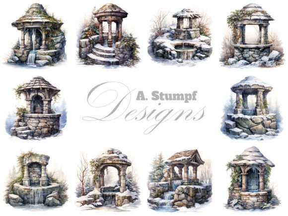 Download Stone Well in Winter Digital Clipart Set - Digital clipart set Collection