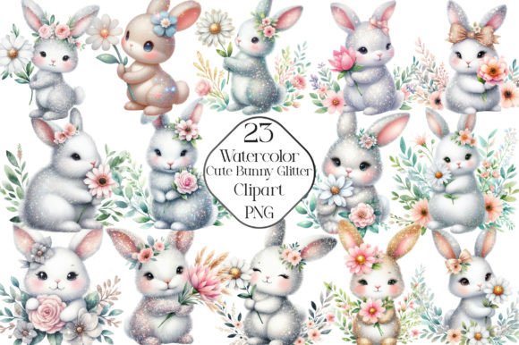 Download Watercolor Cute Bunny Glitter Clipart - Cute bunny Collection