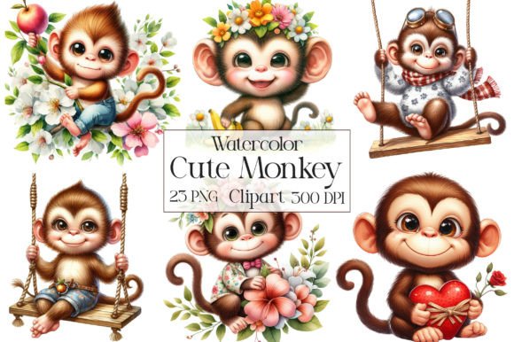 Download Watercolor Cute Monkey Clipart Bundle - Monkey clipart Collection