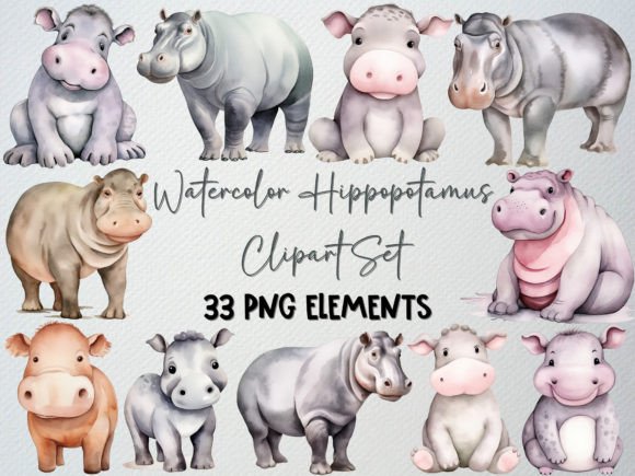 Download Watercolor Hippo Clipart Set, Baby Hippo - Hippo Collection