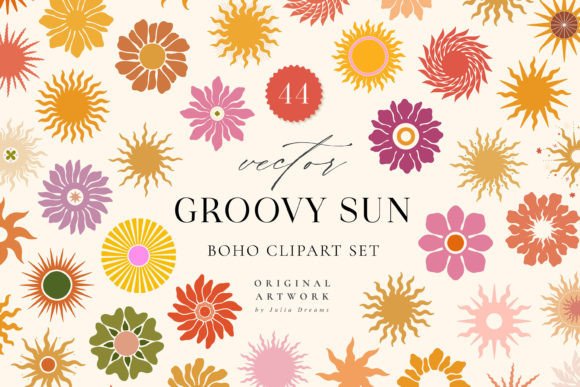 Download Retro Groovy Sun Digital Clipart Set - Digital clipart set Collection