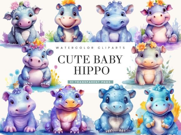 Download Watercolor Cute Baby Hippo Clipart Png - Hippo Collection